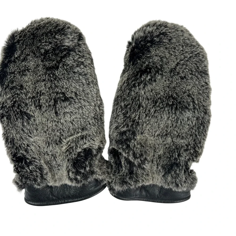 Kombi Womens Small Black Leather Grey Faux Fur Mittens Winter Gloves‎